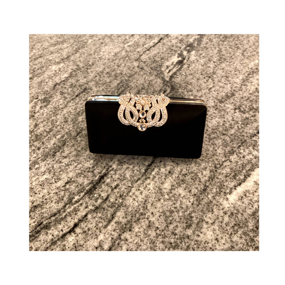 NWT Joan Vass Women's Elegant Black Evening Clutch with Rhinestone Crown - Picture 1 of 8
